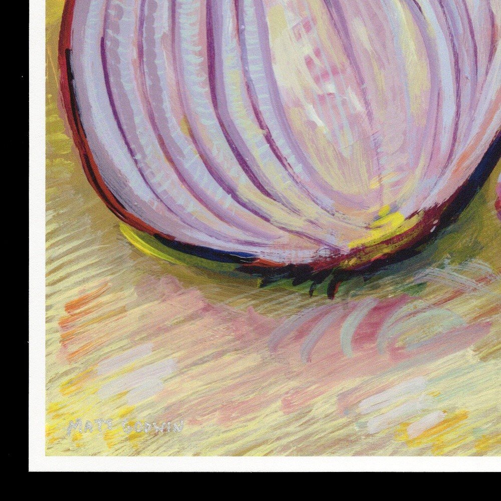 "Red Onion Horror" archival giclée print on 100% cotton fiber paper (acid-free, 300 gsm / 18 mil thick) by Matt Godwin 8"x8" Signed on front with metallic silver acrylic paint pen. Signed and dated on reverse with pencil.