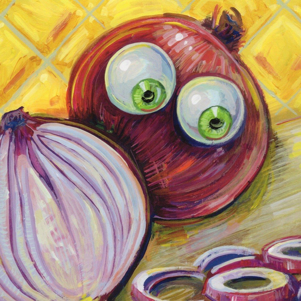 "Red Onion Horror" archival giclée print on 100% cotton fiber paper (acid-free, 300 gsm / 18 mil thick) by Matt Godwin 8"x8" Signed on front with metallic silver acrylic paint pen. Signed and dated on reverse with pencil.
