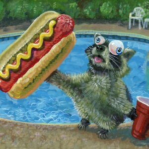 "Summer Pool Party Raccoon With Hot Dog" original acrylic painting on wood by Matt Godwin 5"x7"