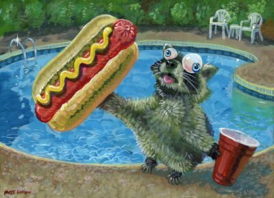Summer Pool Party Raccoon With Hot Dog