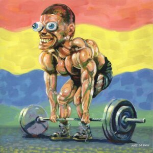 "Weight Lifter" archival giclée print on 100% cotton fiber paper (acid-free, 300 gsm / 18 mil thick) by Matt Godwin 8"x8" Signed on front with metallic silver acrylic paint pen. Signed and dated on reverse with pencil.