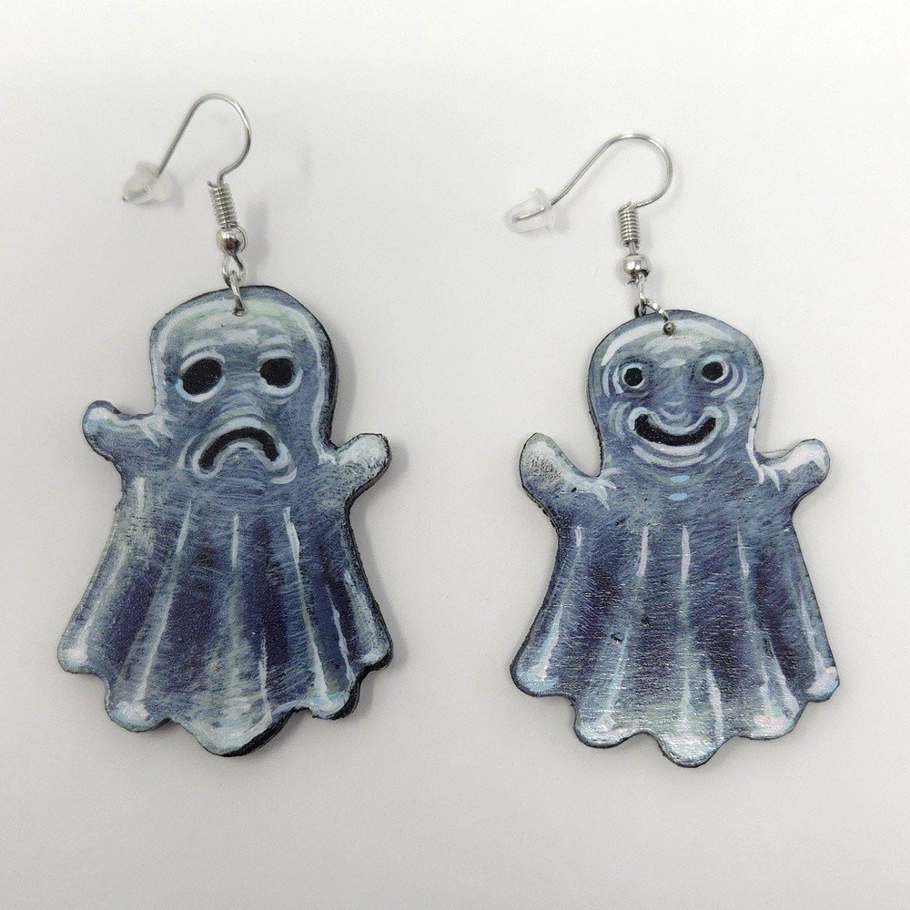 "Ghosts" hand-cut, hand-painted wood earrings (with nickel-free, lead-free stainless steel findings) by Matt Godwin