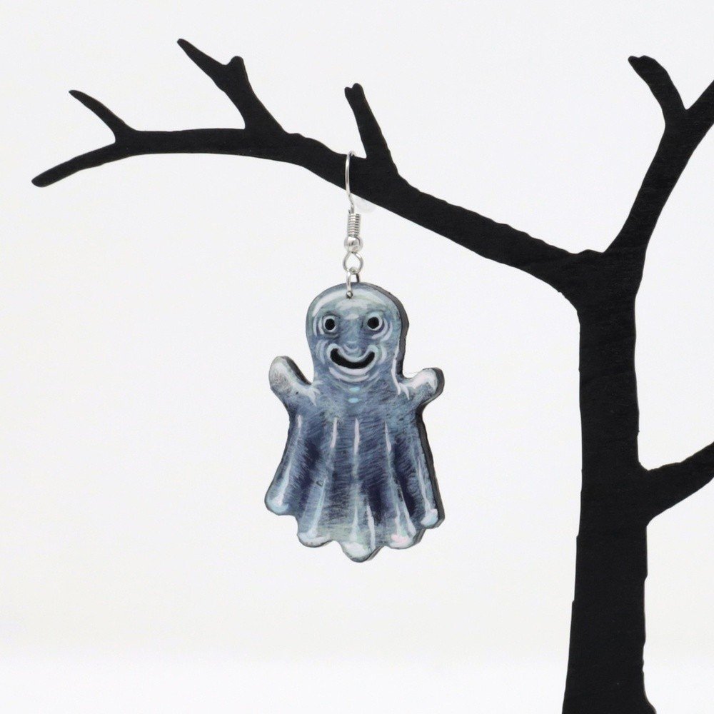 "Ghosts" hand-cut, hand-painted wood earrings (with nickel-free, lead-free stainless steel findings) by Matt Godwin