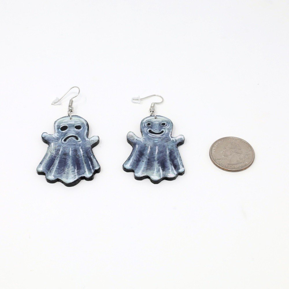 "Ghosts" hand-cut, hand-painted wood earrings (with nickel-free, lead-free stainless steel findings) by Matt Godwin