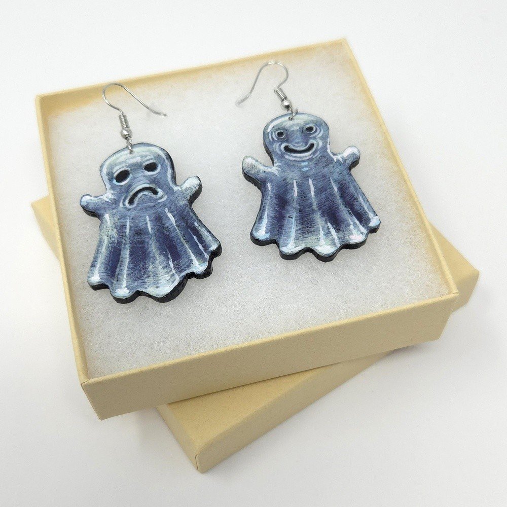 "Ghosts" hand-cut, hand-painted wood earrings (with nickel-free, lead-free stainless steel findings) by Matt Godwin