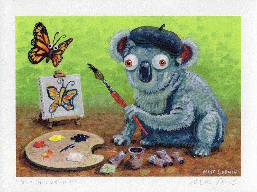 "Koala Paints A Butterfly" archival giclée print on 100% cotton fiber paper (acid-free, 300 gsm / 18 mil thick) by Matt Godwin 7"x5" (Print Size: 7"x5" | Paper Size: 8"x6") Signed on print with metallic silver acrylic paint pen. Also signed and titled with pencil in margin.