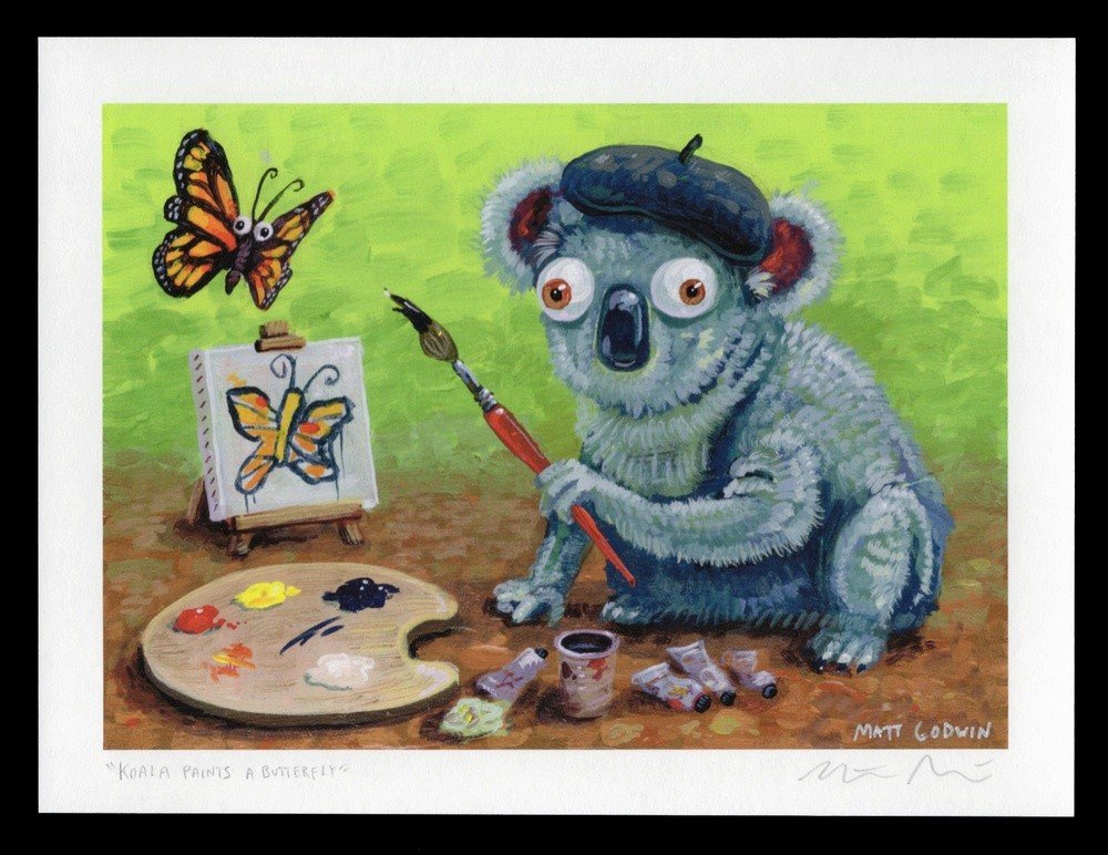 "Koala Paints A Butterfly" archival giclée print on 100% cotton fiber paper (acid-free, 300 gsm / 18 mil thick) by Matt Godwin 7"x5" (Print Size: 7"x5" | Paper Size: 8"x6") Signed on print with metallic silver acrylic paint pen. Also signed and titled with pencil in margin.
