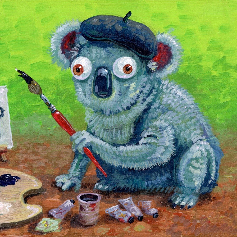 "Koala Paints A Butterfly" archival giclée print on 100% cotton fiber paper (acid-free, 300 gsm / 18 mil thick) by Matt Godwin 7"x5" (Print Size: 7"x5" | Paper Size: 8"x6") Signed on print with metallic silver acrylic paint pen. Also signed and titled with pencil in margin.