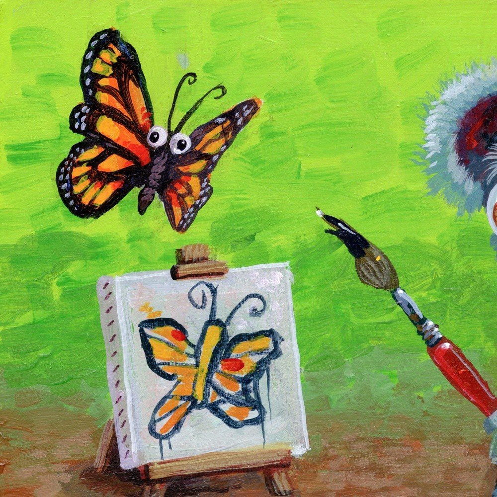 "Koala Paints A Butterfly" archival giclée print on 100% cotton fiber paper (acid-free, 300 gsm / 18 mil thick) by Matt Godwin 7"x5" (Print Size: 7"x5" | Paper Size: 8"x6") Signed on print with metallic silver acrylic paint pen. Also signed and titled with pencil in margin.