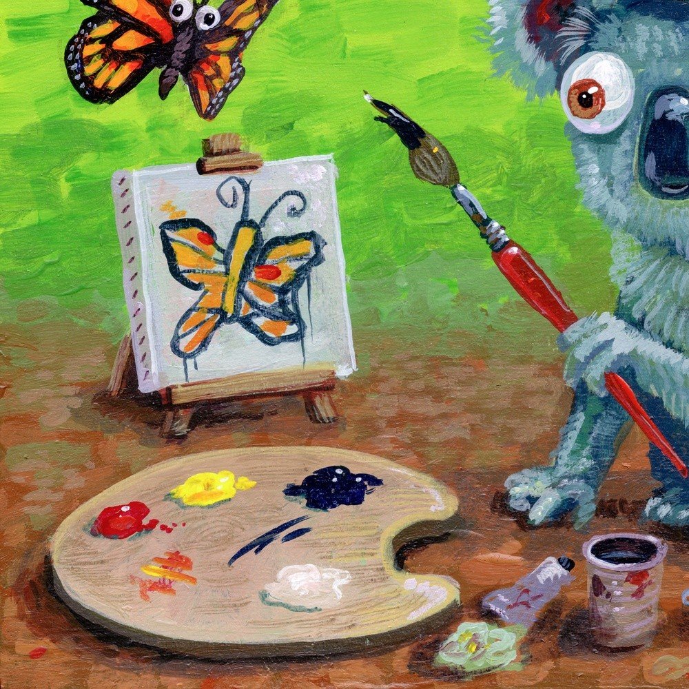 "Koala Paints A Butterfly" archival giclée print on 100% cotton fiber paper (acid-free, 300 gsm / 18 mil thick) by Matt Godwin 7"x5" (Print Size: 7"x5" | Paper Size: 8"x6") Signed on print with metallic silver acrylic paint pen. Also signed and titled with pencil in margin.