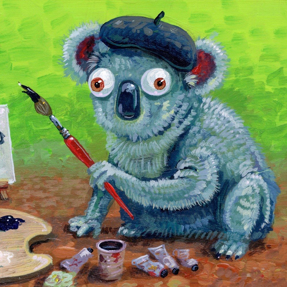 "Koala Paints A Butterfly" archival giclée print on 100% cotton fiber paper (acid-free, 300 gsm / 18 mil thick) by Matt Godwin 7"x5" (Print Size: 7"x5" | Paper Size: 8"x6") Signed on print with metallic silver acrylic paint pen. Also signed and titled with pencil in margin.
