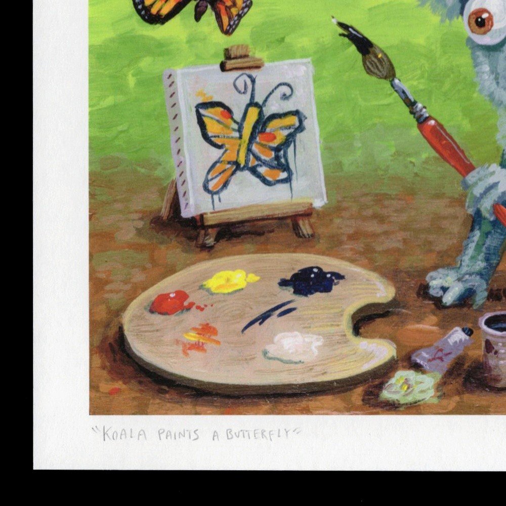 "Koala Paints A Butterfly" archival giclée print on 100% cotton fiber paper (acid-free, 300 gsm / 18 mil thick) by Matt Godwin 7"x5" (Print Size: 7"x5" | Paper Size: 8"x6") Signed on print with metallic silver acrylic paint pen. Also signed and titled with pencil in margin.