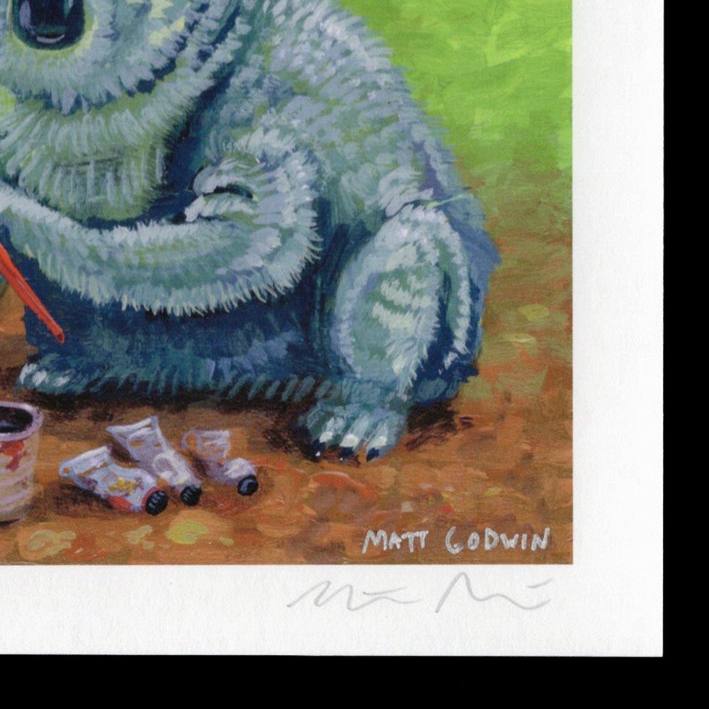 "Koala Paints A Butterfly" archival giclée print on 100% cotton fiber paper (acid-free, 300 gsm / 18 mil thick) by Matt Godwin 7"x5" (Print Size: 7"x5" | Paper Size: 8"x6") Signed on print with metallic silver acrylic paint pen. Also signed and titled with pencil in margin.