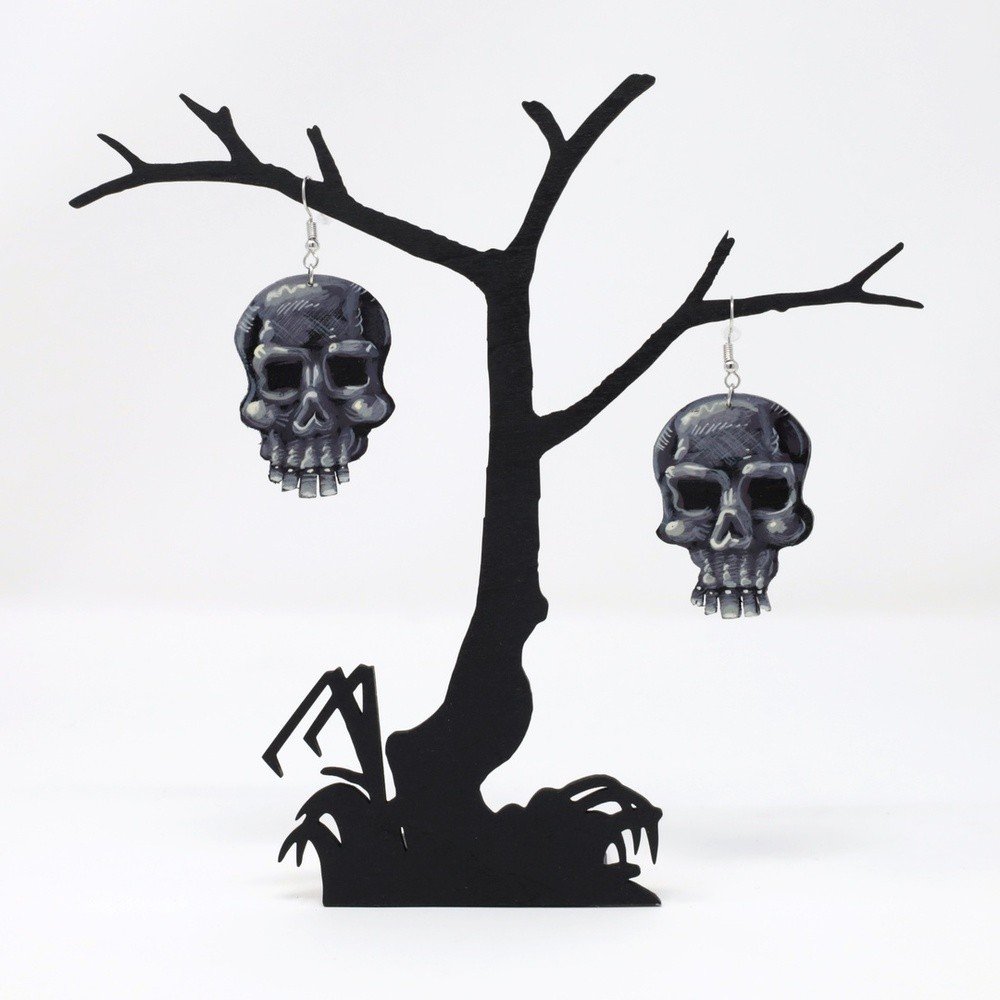 "Skulls" hand-cut, hand-painted wood earrings (with nickel-free, lead-free stainless steel findings) by Matt Godwin