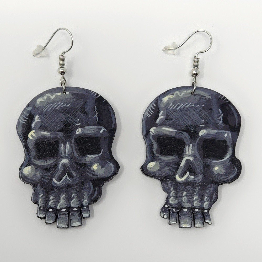 "Skulls" hand-cut, hand-painted wood earrings (with nickel-free, lead-free stainless steel findings) by Matt Godwin