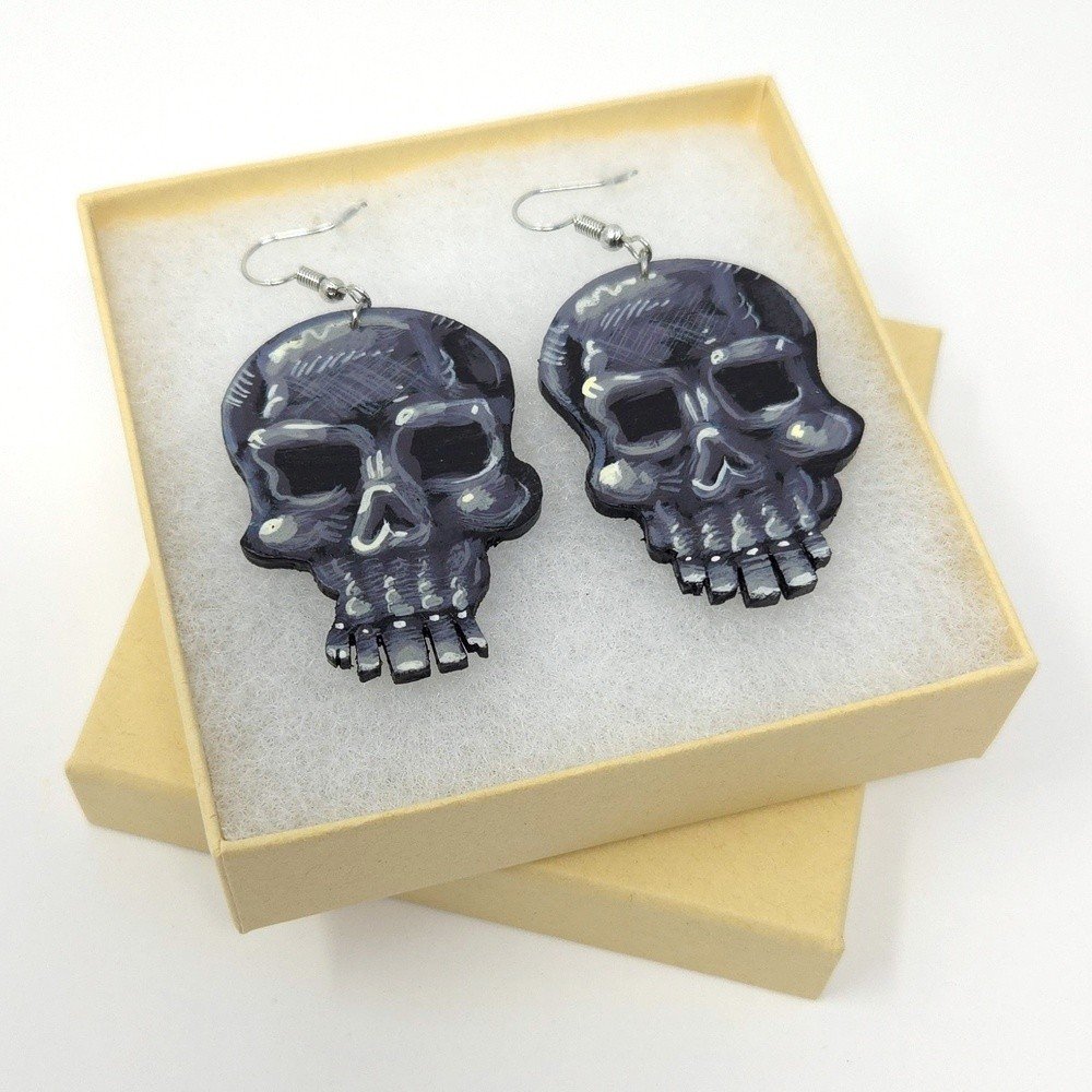 "Skulls" hand-cut, hand-painted wood earrings (with nickel-free, lead-free stainless steel findings) by Matt Godwin