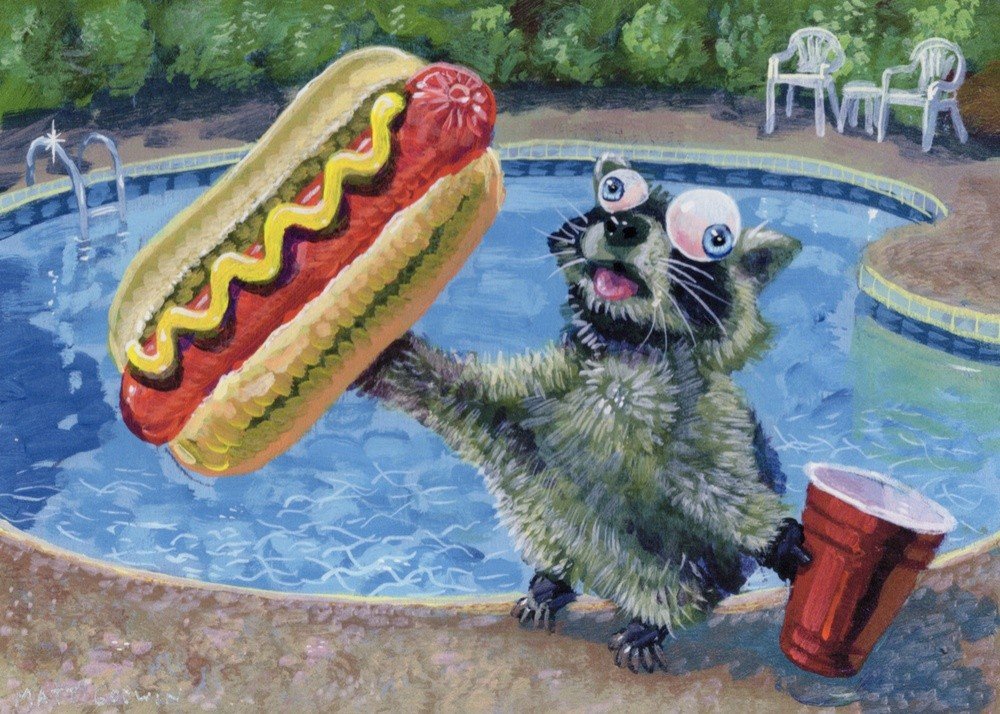 "Summer Pool Party Raccoon With Hot Dog" archival giclée print on 100% cotton fiber paper (acid-free, 300 gsm / 18 mil thick) by Matt Godwin 7"x5" (Print Size: 7″x5″ | Paper Size: 8″x6″) Signed on print with metallic silver acrylic paint pen. Also signed and titled with pencil in margin.