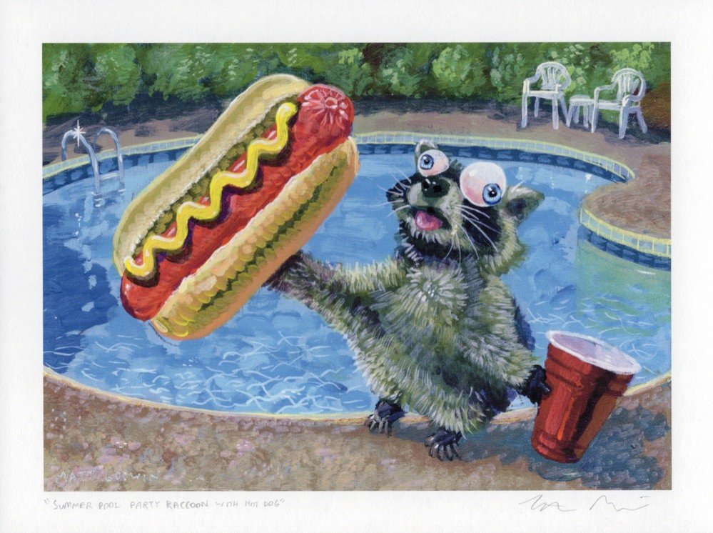 "Summer Pool Party Raccoon With Hot Dog" archival giclée print on 100% cotton fiber paper (acid-free, 300 gsm / 18 mil thick) by Matt Godwin 7"x5" (Print Size: 7″x5″ | Paper Size: 8″x6″) Signed on print with metallic silver acrylic paint pen. Also signed and titled with pencil in margin.