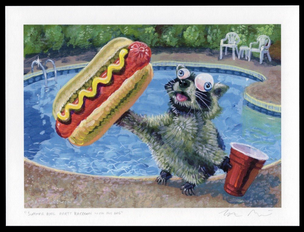 "Summer Pool Party Raccoon With Hot Dog" archival giclée print on 100% cotton fiber paper (acid-free, 300 gsm / 18 mil thick) by Matt Godwin 7"x5" (Print Size: 7″x5″ | Paper Size: 8″x6″) Signed on print with metallic silver acrylic paint pen. Also signed and titled with pencil in margin.