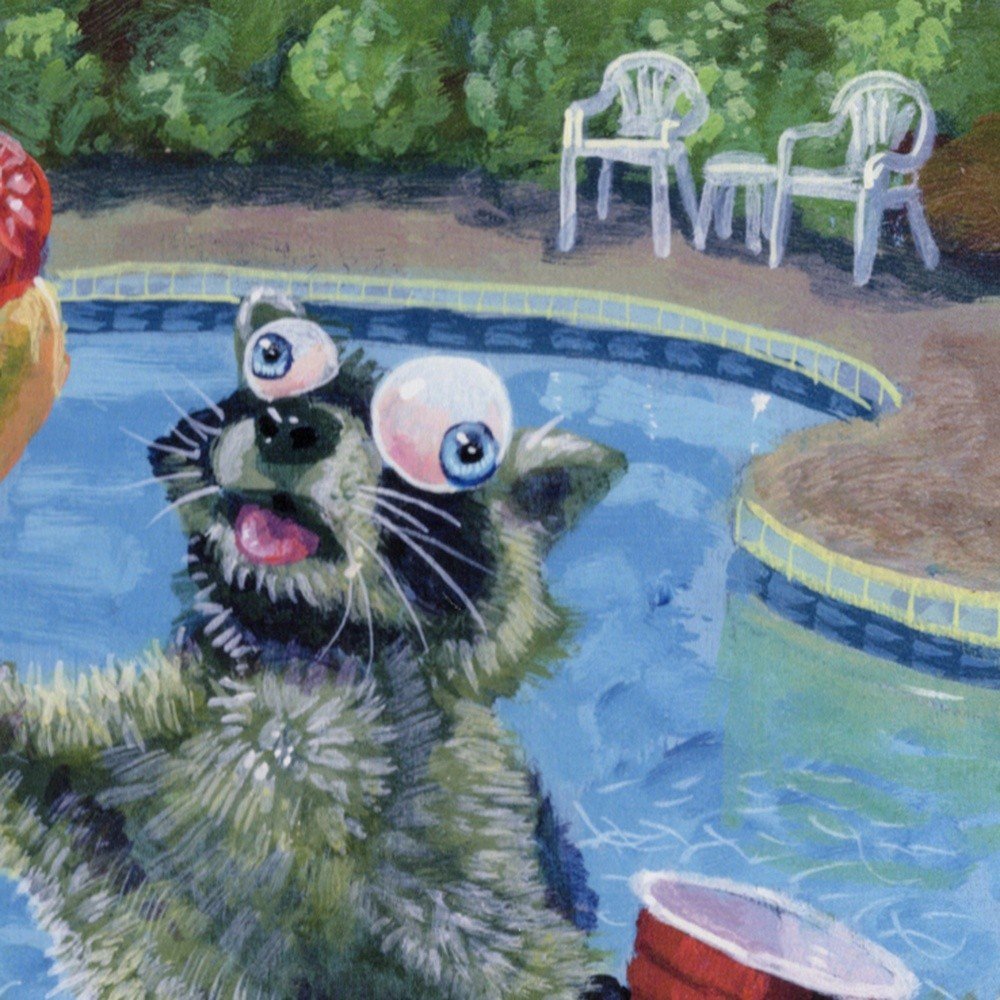 "Summer Pool Party Raccoon With Hot Dog" archival giclée print on 100% cotton fiber paper (acid-free, 300 gsm / 18 mil thick) by Matt Godwin 7"x5" (Print Size: 7″x5″ | Paper Size: 8″x6″) Signed on print with metallic silver acrylic paint pen. Also signed and titled with pencil in margin.