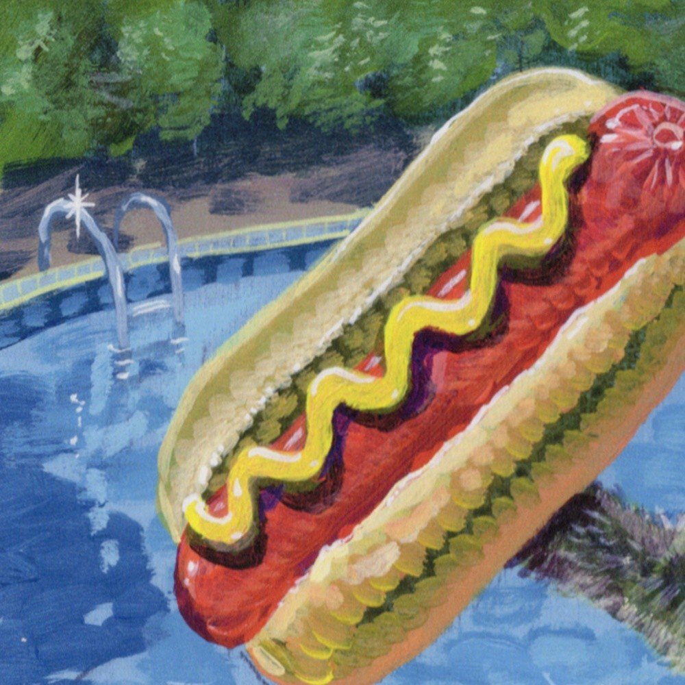 "Summer Pool Party Raccoon With Hot Dog" archival giclée print on 100% cotton fiber paper (acid-free, 300 gsm / 18 mil thick) by Matt Godwin 7"x5" (Print Size: 7″x5″ | Paper Size: 8″x6″) Signed on print with metallic silver acrylic paint pen. Also signed and titled with pencil in margin.