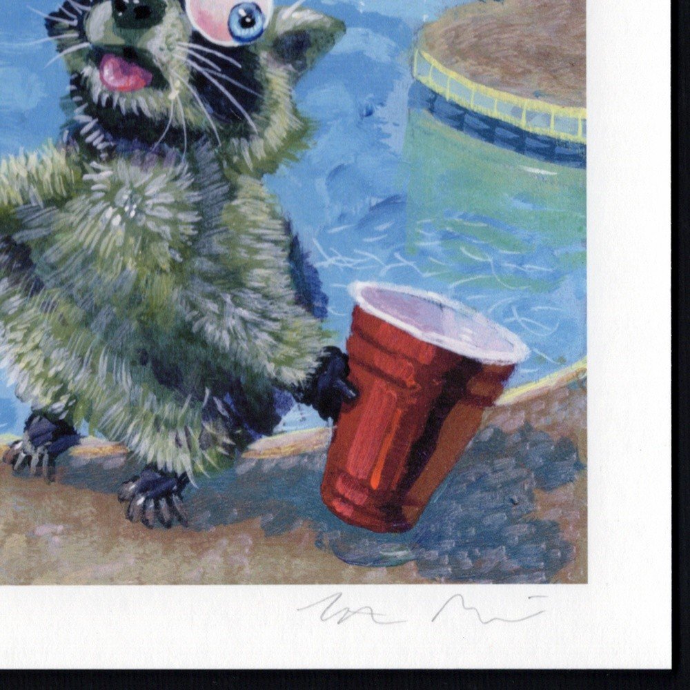 "Summer Pool Party Raccoon With Hot Dog" archival giclée print on 100% cotton fiber paper (acid-free, 300 gsm / 18 mil thick) by Matt Godwin 7"x5" (Print Size: 7″x5″ | Paper Size: 8″x6″) Signed on print with metallic silver acrylic paint pen. Also signed and titled with pencil in margin.