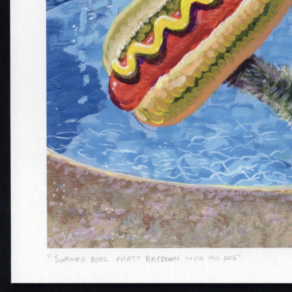 "Summer Pool Party Raccoon With Hot Dog" archival giclée print on 100% cotton fiber paper (acid-free, 300 gsm / 18 mil thick) by Matt Godwin 7"x5" (Print Size: 7″x5″ | Paper Size: 8″x6″) Signed on print with metallic silver acrylic paint pen. Also signed and titled with pencil in margin.