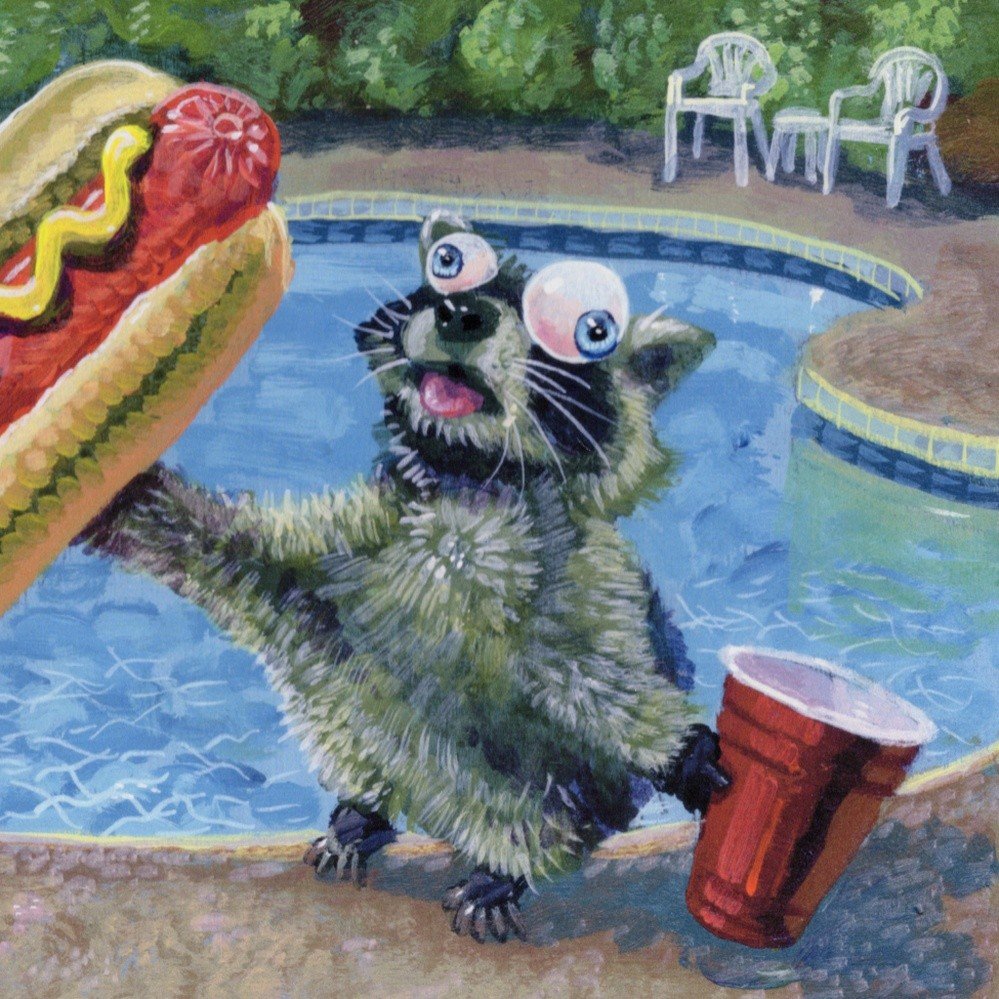 "Summer Pool Party Raccoon With Hot Dog" archival giclée print on 100% cotton fiber paper (acid-free, 300 gsm / 18 mil thick) by Matt Godwin 7"x5" (Print Size: 7″x5″ | Paper Size: 8″x6″) Signed on print with metallic silver acrylic paint pen. Also signed and titled with pencil in margin.