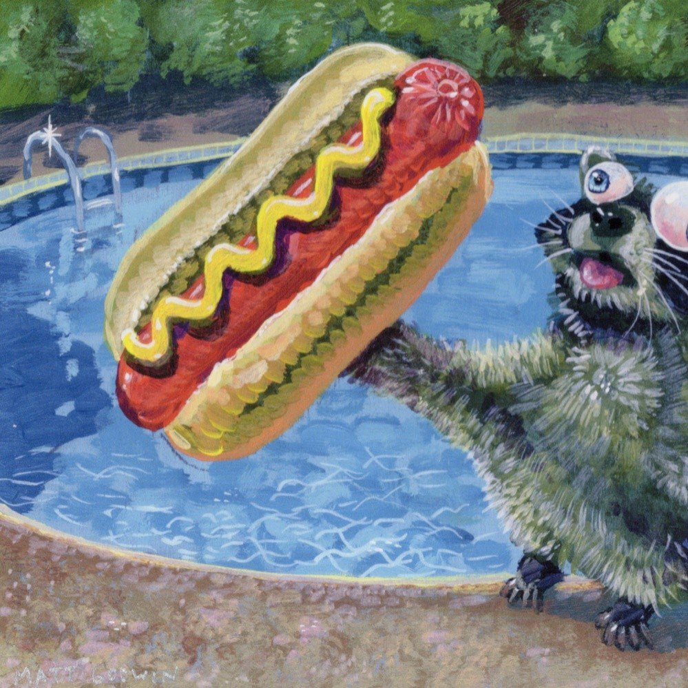 "Summer Pool Party Raccoon With Hot Dog" archival giclée print on 100% cotton fiber paper (acid-free, 300 gsm / 18 mil thick) by Matt Godwin 7"x5" (Print Size: 7″x5″ | Paper Size: 8″x6″) Signed on print with metallic silver acrylic paint pen. Also signed and titled with pencil in margin.
