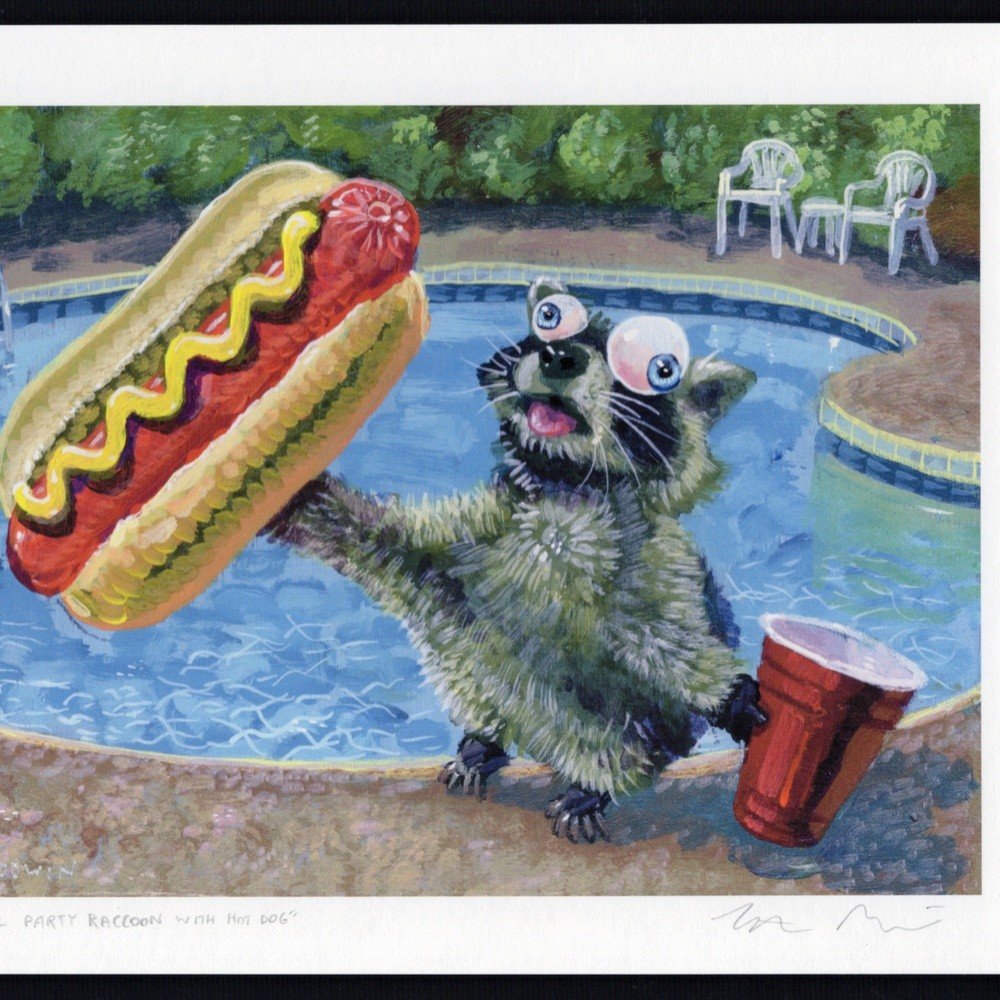 "Summer Pool Party Raccoon With Hot Dog" archival giclée print on 100% cotton fiber paper (acid-free, 300 gsm / 18 mil thick) by Matt Godwin 7"x5" (Print Size: 7″x5″ | Paper Size: 8″x6″) Signed on print with metallic silver acrylic paint pen. Also signed and titled with pencil in margin.