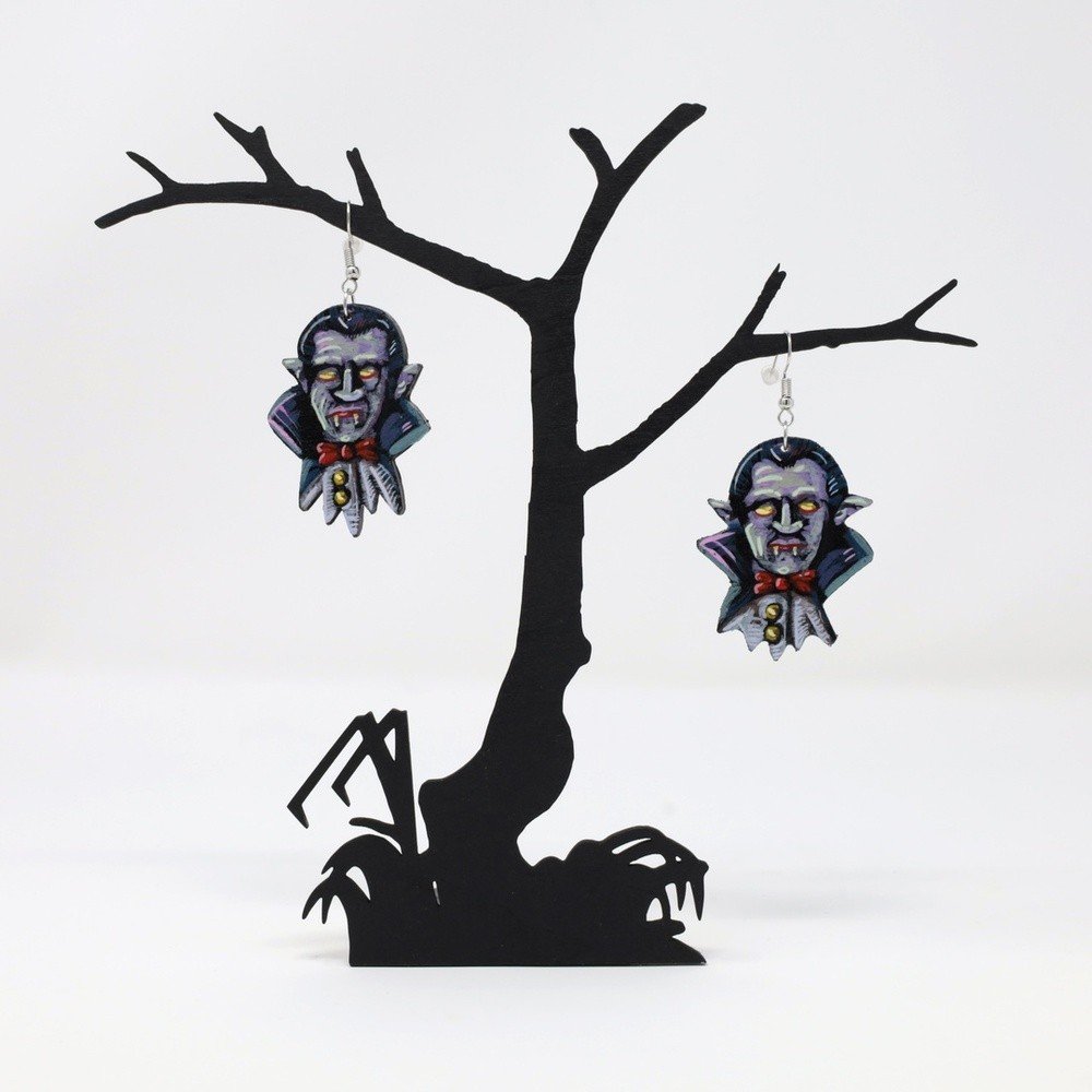"Vampires" hand-cut, hand-painted wood earrings (with nickel-free, lead-free stainless steel findings) by Matt Godwin