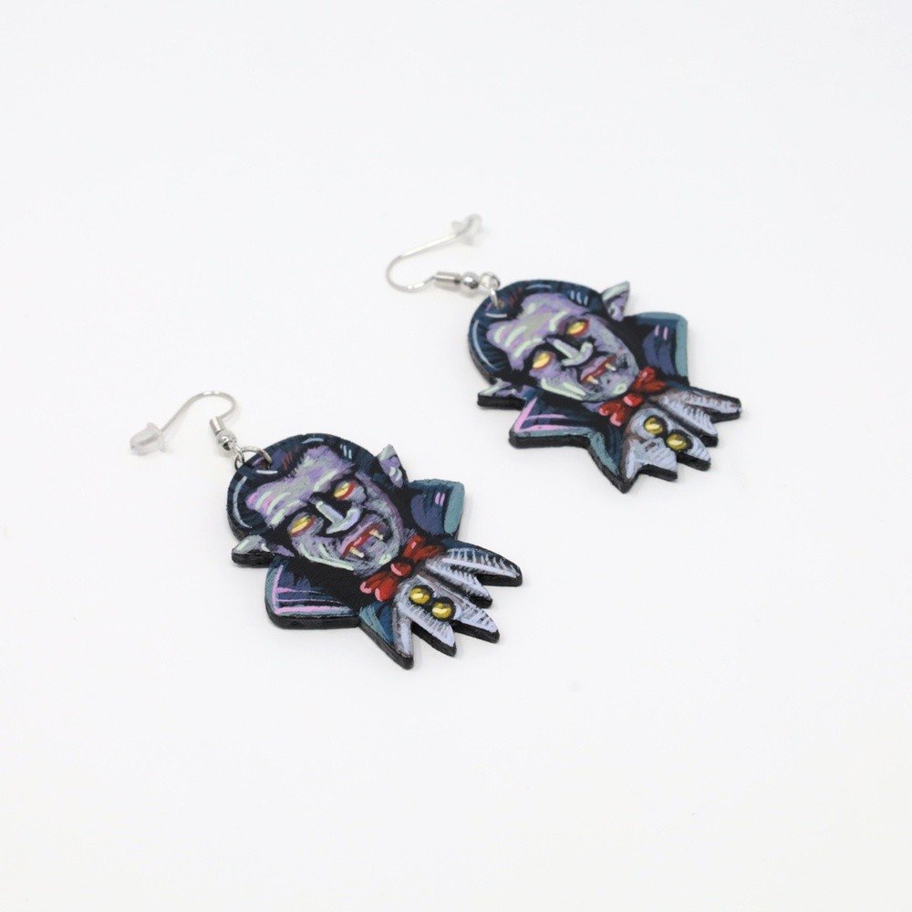 "Vampires" hand-cut, hand-painted wood earrings (with nickel-free, lead-free stainless steel findings) by Matt Godwin