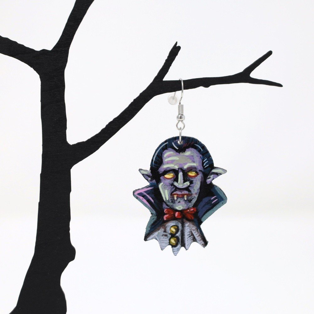 "Vampires" hand-cut, hand-painted wood earrings (with nickel-free, lead-free stainless steel findings) by Matt Godwin
