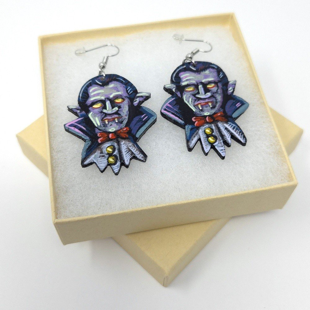 "Vampires" hand-cut, hand-painted wood earrings (with nickel-free, lead-free stainless steel findings) by Matt Godwin