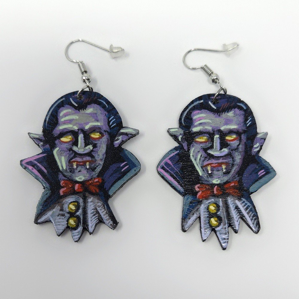 "Vampires" hand-cut, hand-painted wood earrings (with nickel-free, lead-free stainless steel findings) by Matt Godwin