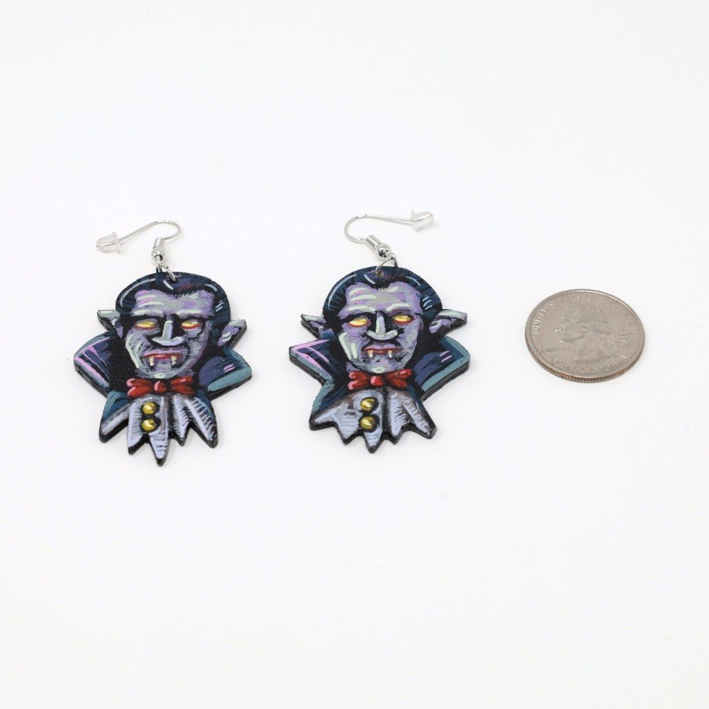 "Vampires" hand-cut, hand-painted wood earrings (with nickel-free, lead-free stainless steel findings) by Matt Godwin