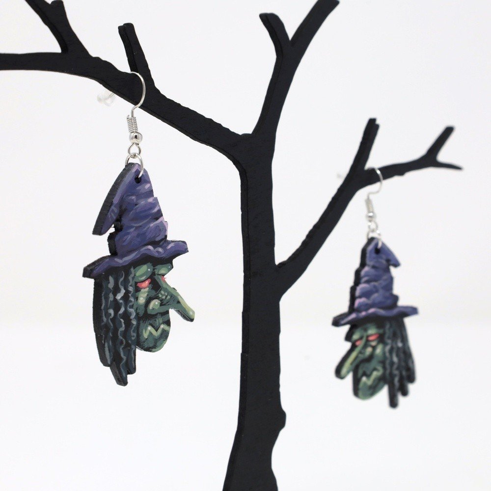 "Witches" hand-cut, hand-painted wood earrings (with nickel-free, lead-free stainless steel findings) by Matt Godwin