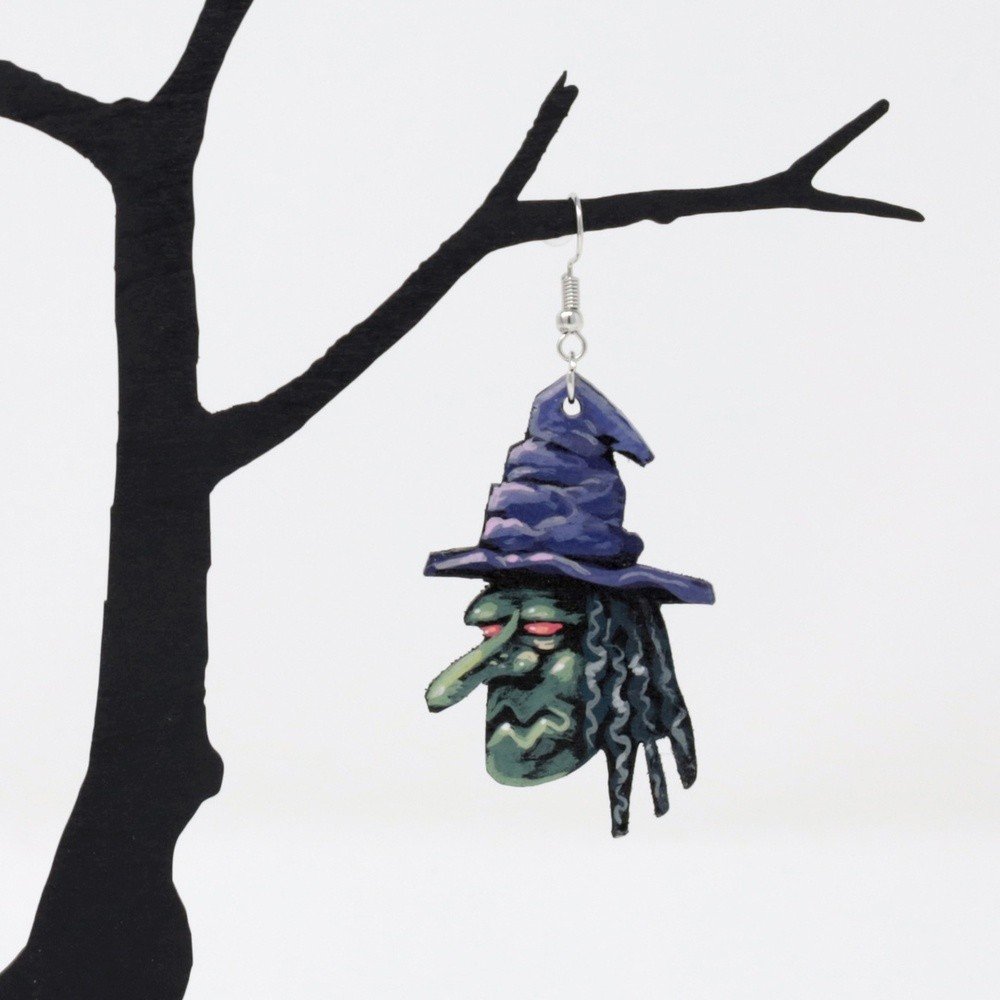 "Witches" hand-cut, hand-painted wood earrings (with nickel-free, lead-free stainless steel findings) by Matt Godwin