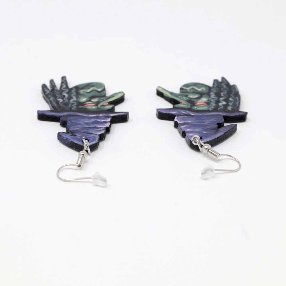 "Witches" hand-cut, hand-painted wood earrings (with nickel-free, lead-free stainless steel findings) by Matt Godwin