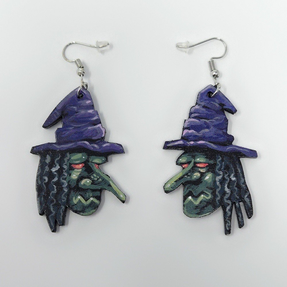 "Witches" hand-cut, hand-painted wood earrings (with nickel-free, lead-free stainless steel findings) by Matt Godwin