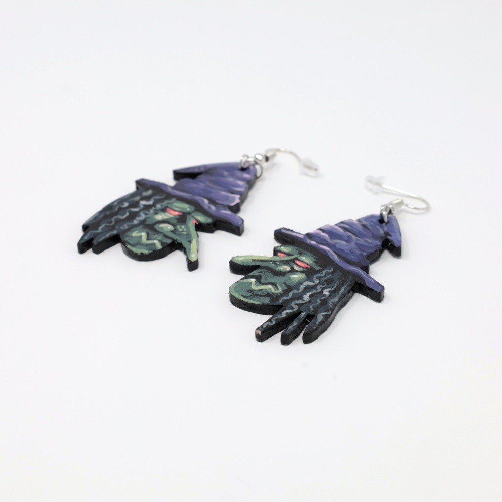 "Witches" hand-cut, hand-painted wood earrings (with nickel-free, lead-free stainless steel findings) by Matt Godwin