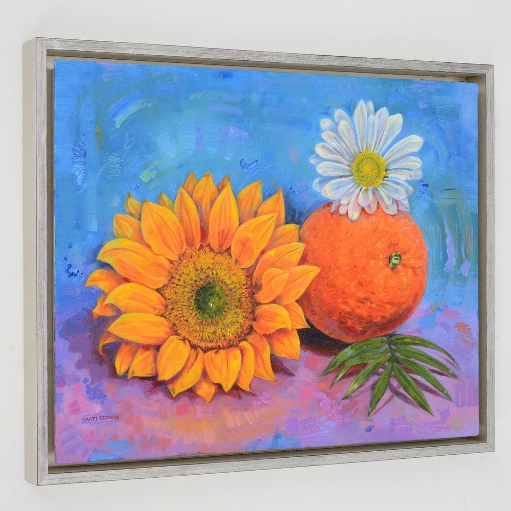 "Orange And Flowers" original acrylic painting on canvas panel by Matt Godwin 20"x16" Frame Size: 17.5" x 21.5" x 1.8"