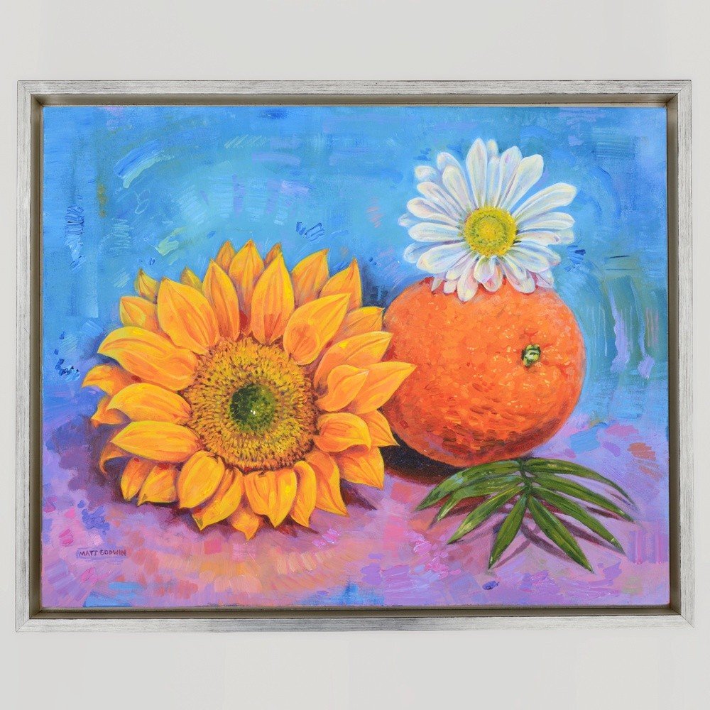"Orange And Flowers" original acrylic painting on canvas panel by Matt Godwin 20"x16" Frame Size: 17.5" x 21.5" x 1.8"