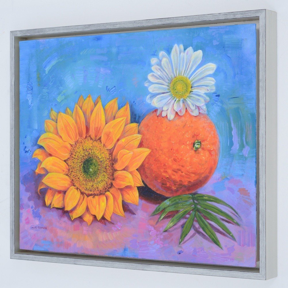 "Orange And Flowers" original acrylic painting on canvas panel by Matt Godwin 20"x16" Frame Size: 17.5" x 21.5" x 1.8"