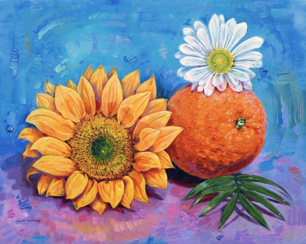 "Orange And Flowers" original acrylic painting on canvas panel by Matt Godwin 20"x16" Frame Size: 17.5" x 21.5" x 1.8"