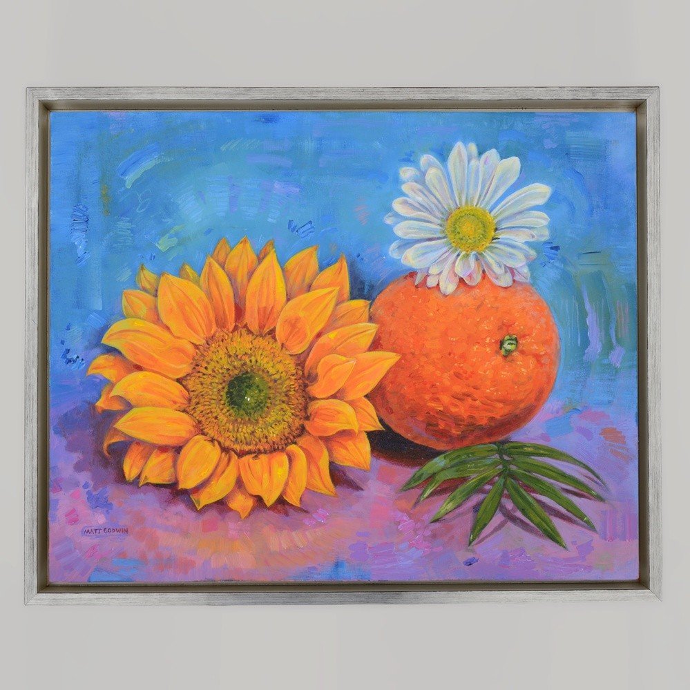 "Orange And Flowers" original acrylic painting on canvas panel by Matt Godwin 20"x16" Frame Size: 17.5" x 21.5" x 1.8"